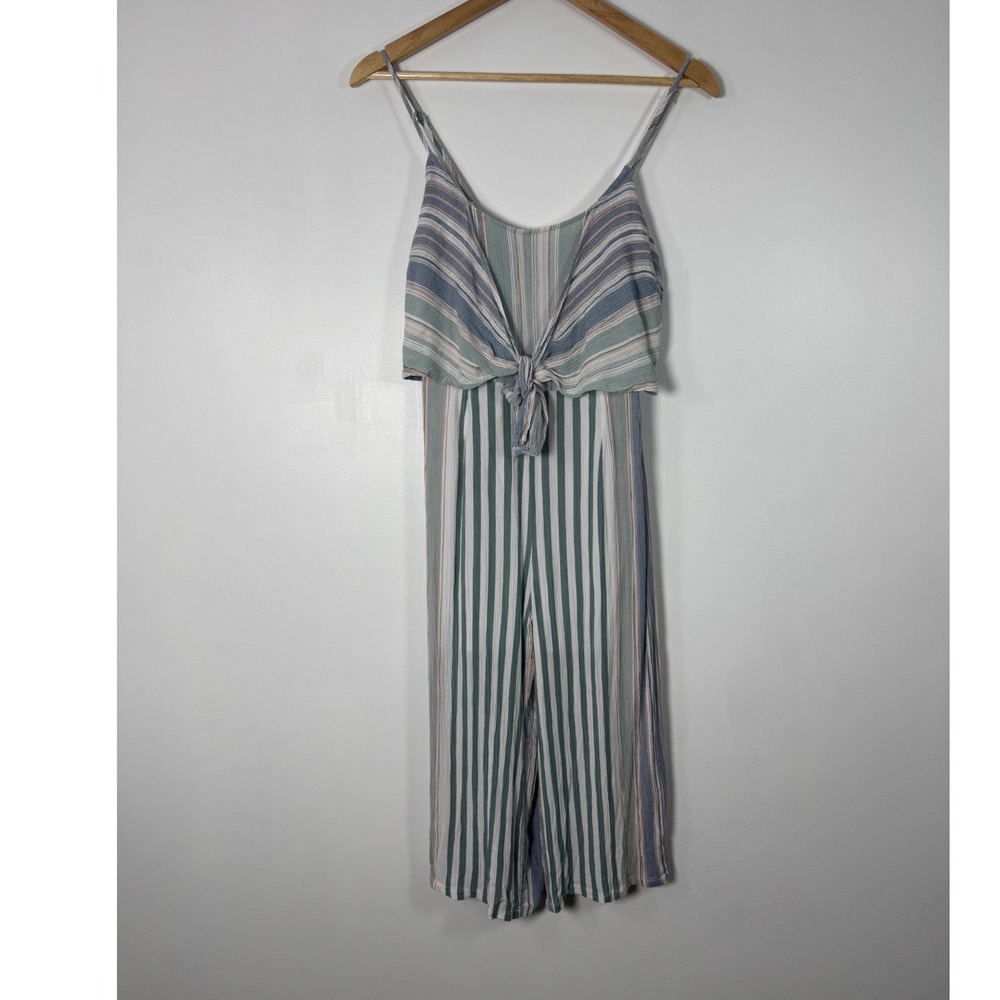 Boho Entro‎ Womens Large Jumpsuit Blue Green Striped Tie Front Cutout Wide Leg